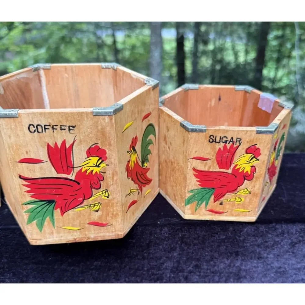 4 MCM 1960’s Japan Betson's Wood Rooster Hexagon 6-Sided Nesting Canisters